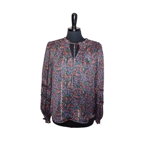 LOFT Tops - LOFT Paisley Blouse Peasant Sheer Sleeve Ruffle Multicolor Silver V Neck Size M